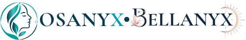 Brand logo 'OSANYX BELLANYX' with a teal circular emblem of a woman's profile on the left and a sunburst motif on the right.